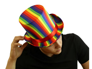 Rainbow top hat with rainbow stripes and a red satin band made of smooth fabric for festive occasions