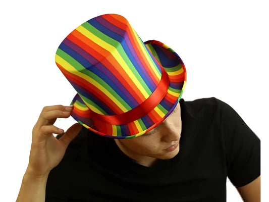 Rainbow top hat with rainbow stripes and a red satin band made of smooth fabric for festive occasions