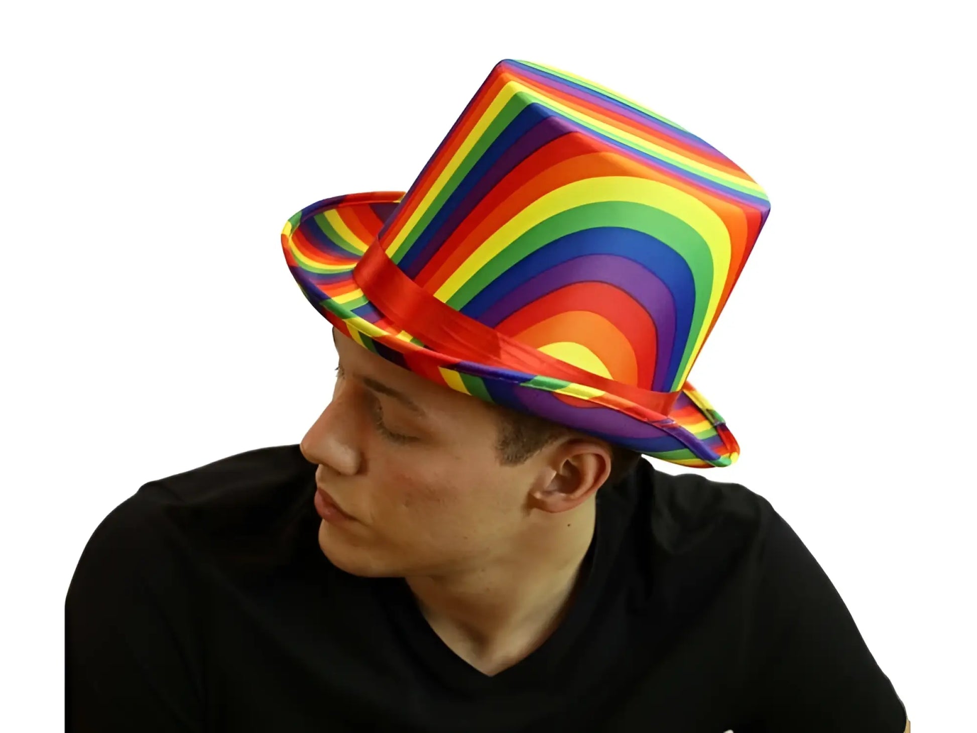 A vibrant rainbow-striped top hat with glossy finish and red ribbon band perfect for festive occasions