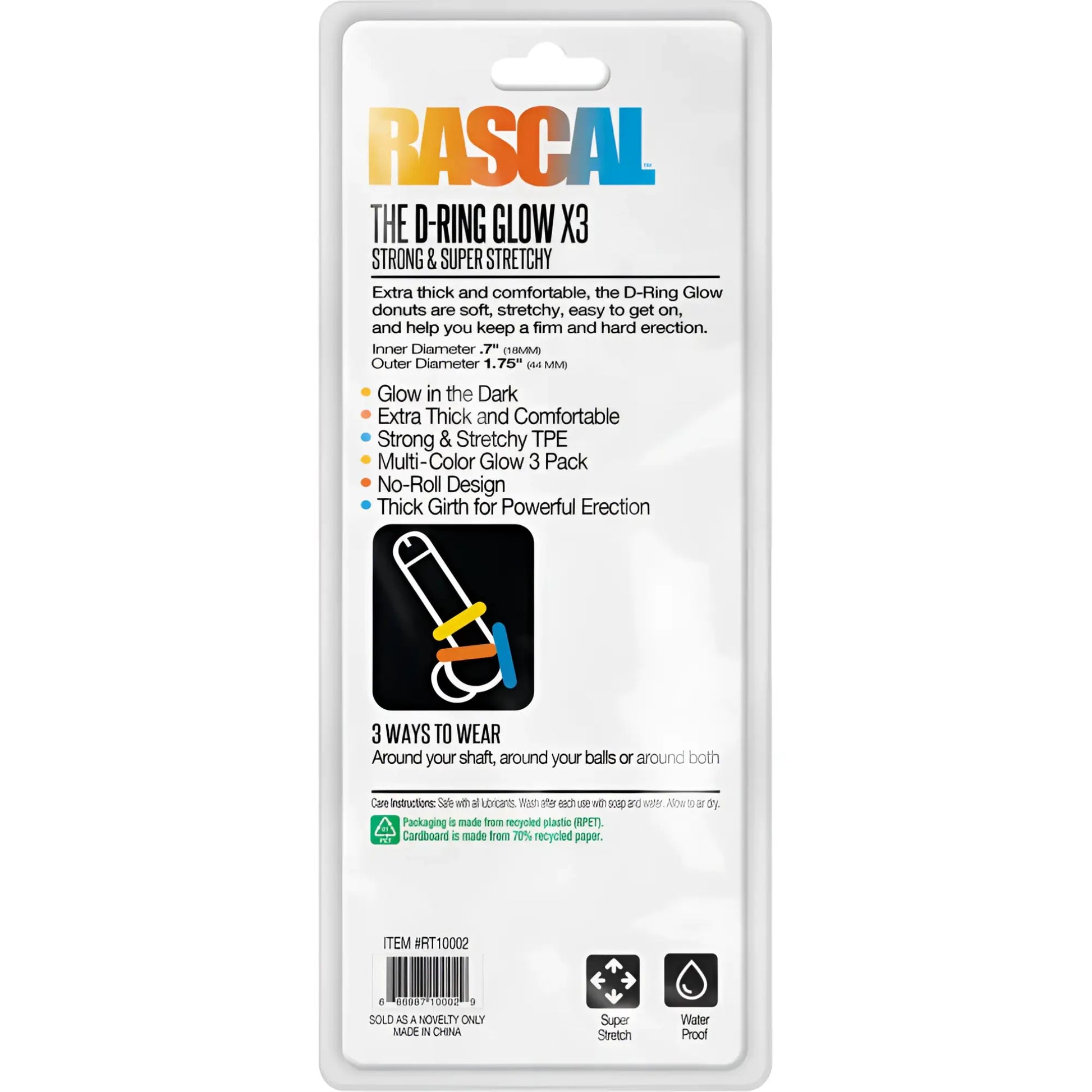 Rascal the d-ring glow x3 multi-color glow-in-the-dark tpe ring with extra thick stretchy design
