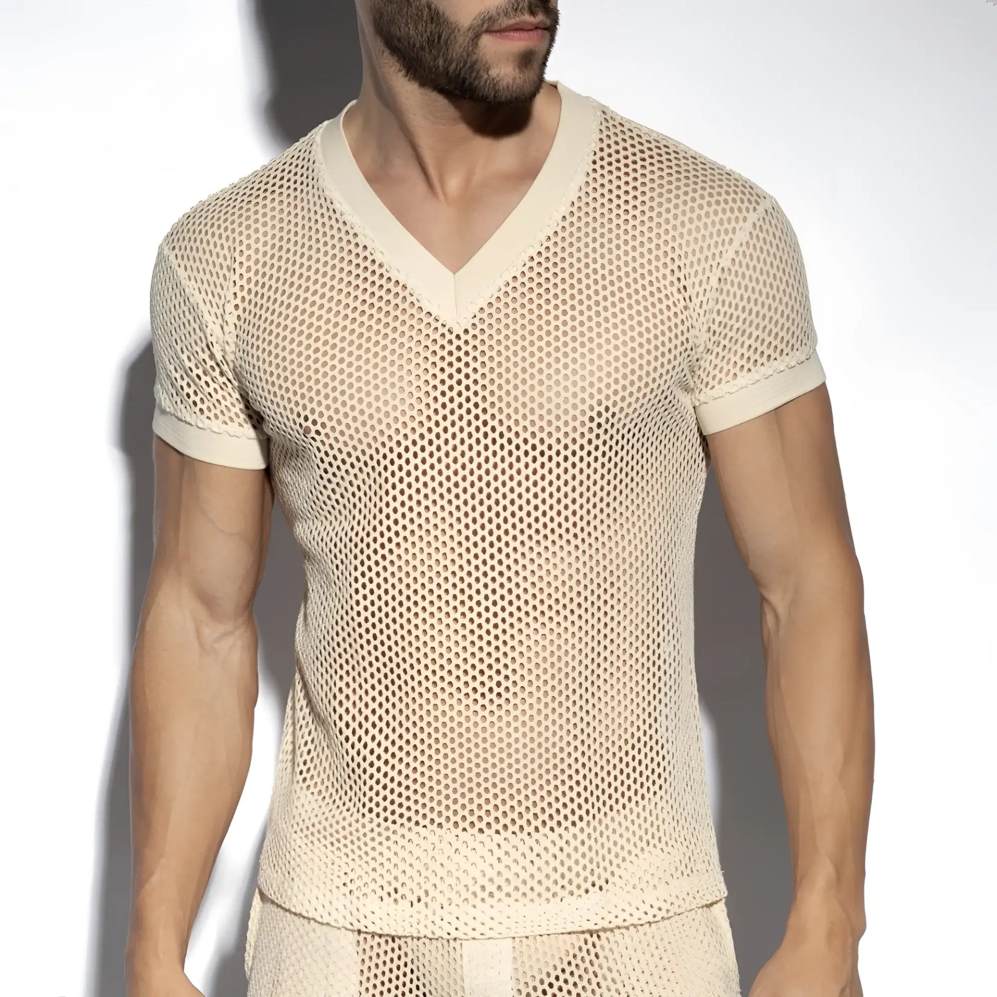 Beige raw crochet t shirt with v neck, short sleeves, mesh fabric, and solid trim detailing
