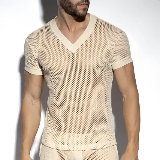 Beige raw crochet t shirt with v neck, short sleeves, mesh fabric, and solid trim detailing