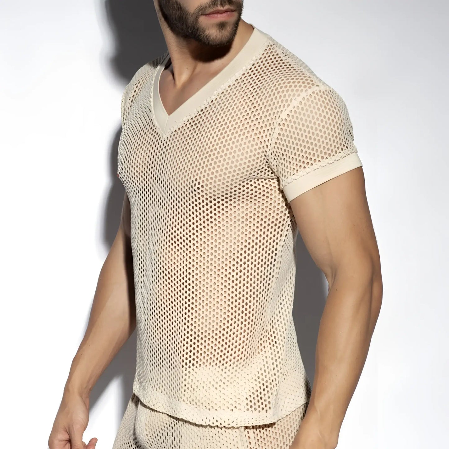 Beige mesh raw crochet t shirt with v neck short sleeves and subtle textured pattern for casual wear