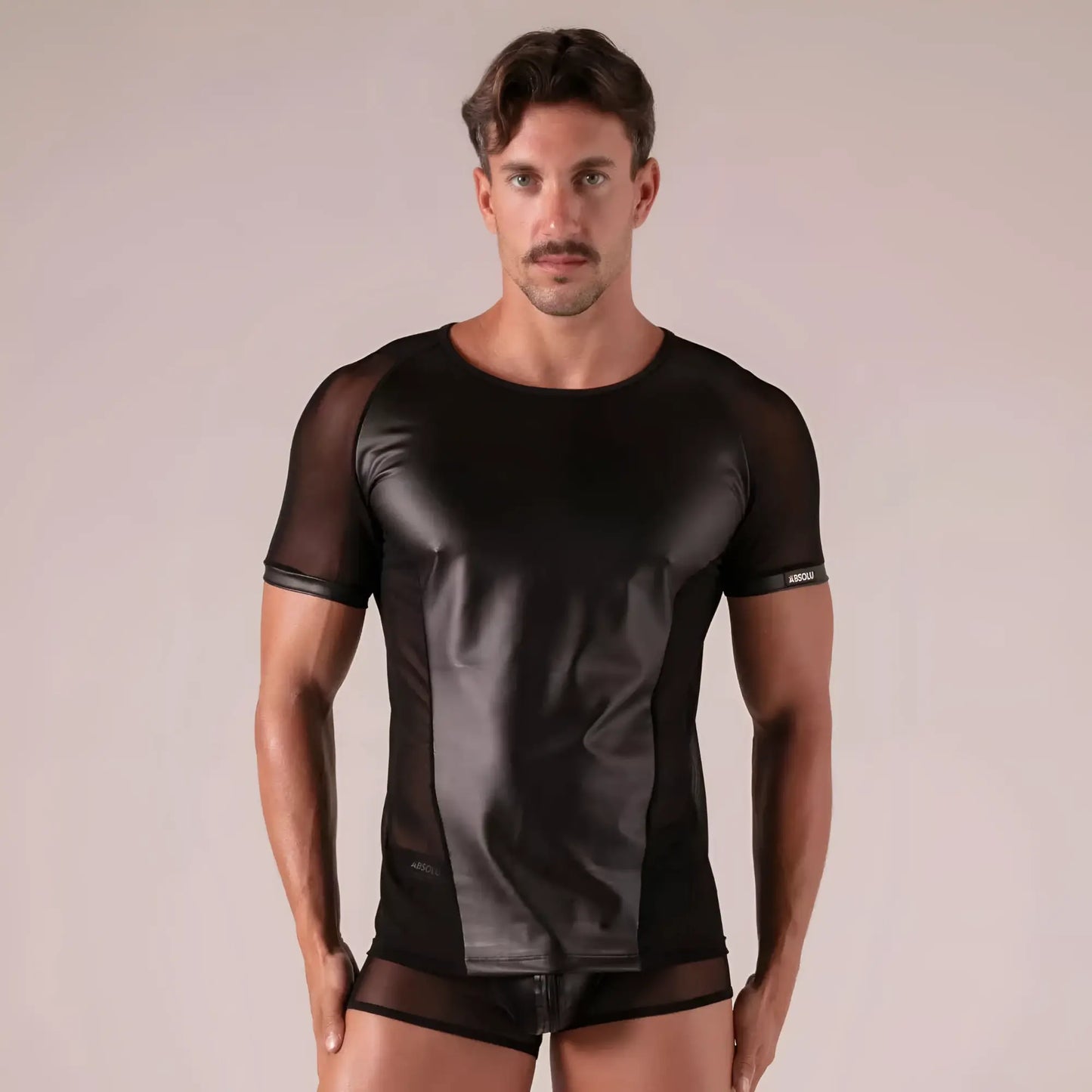 Black mesh and faux leather rebel t-shirt short-sleeved top with a sleek modern design