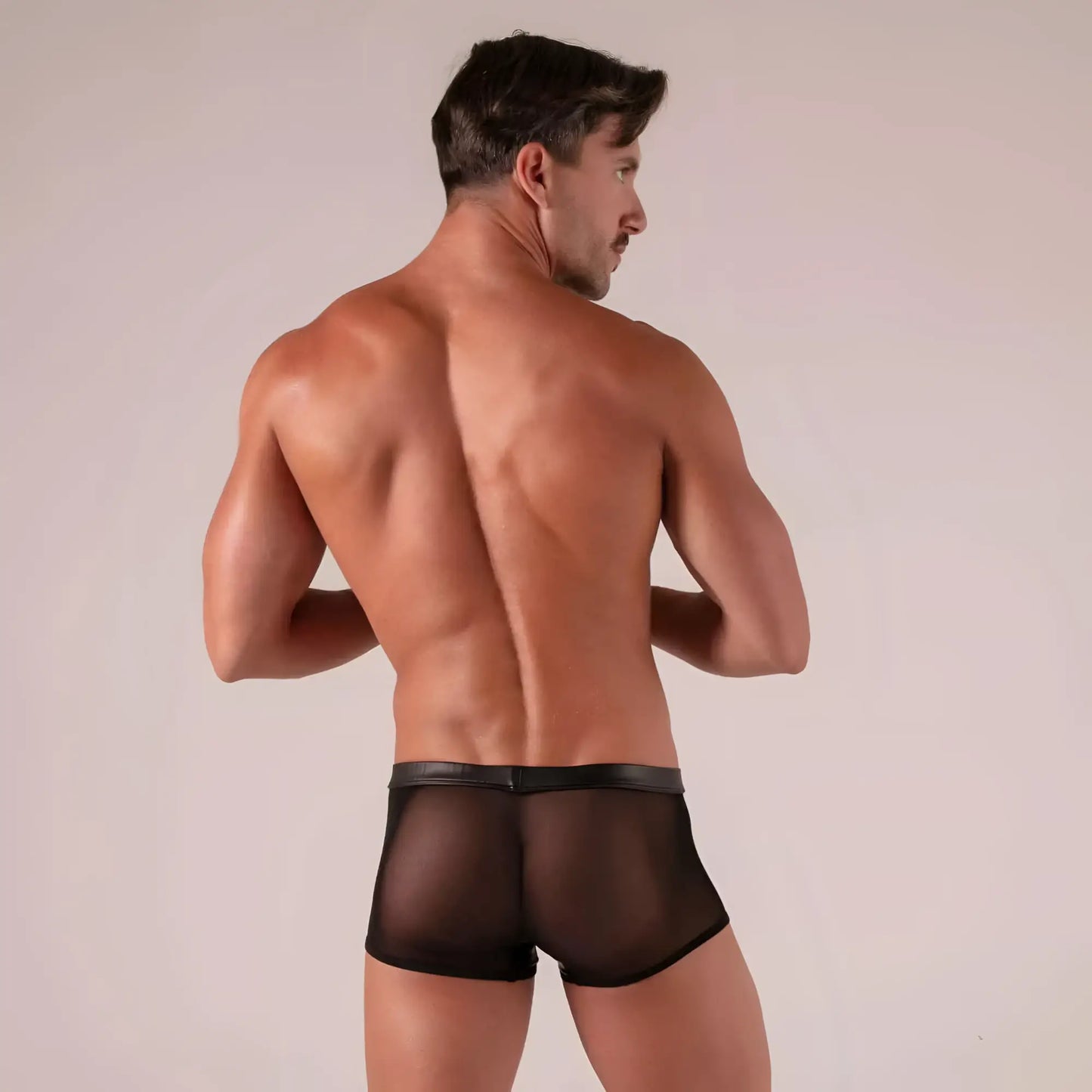 Black sheer mesh briefs with solid black waistband from rebel zipped trunks featuring a breathable design