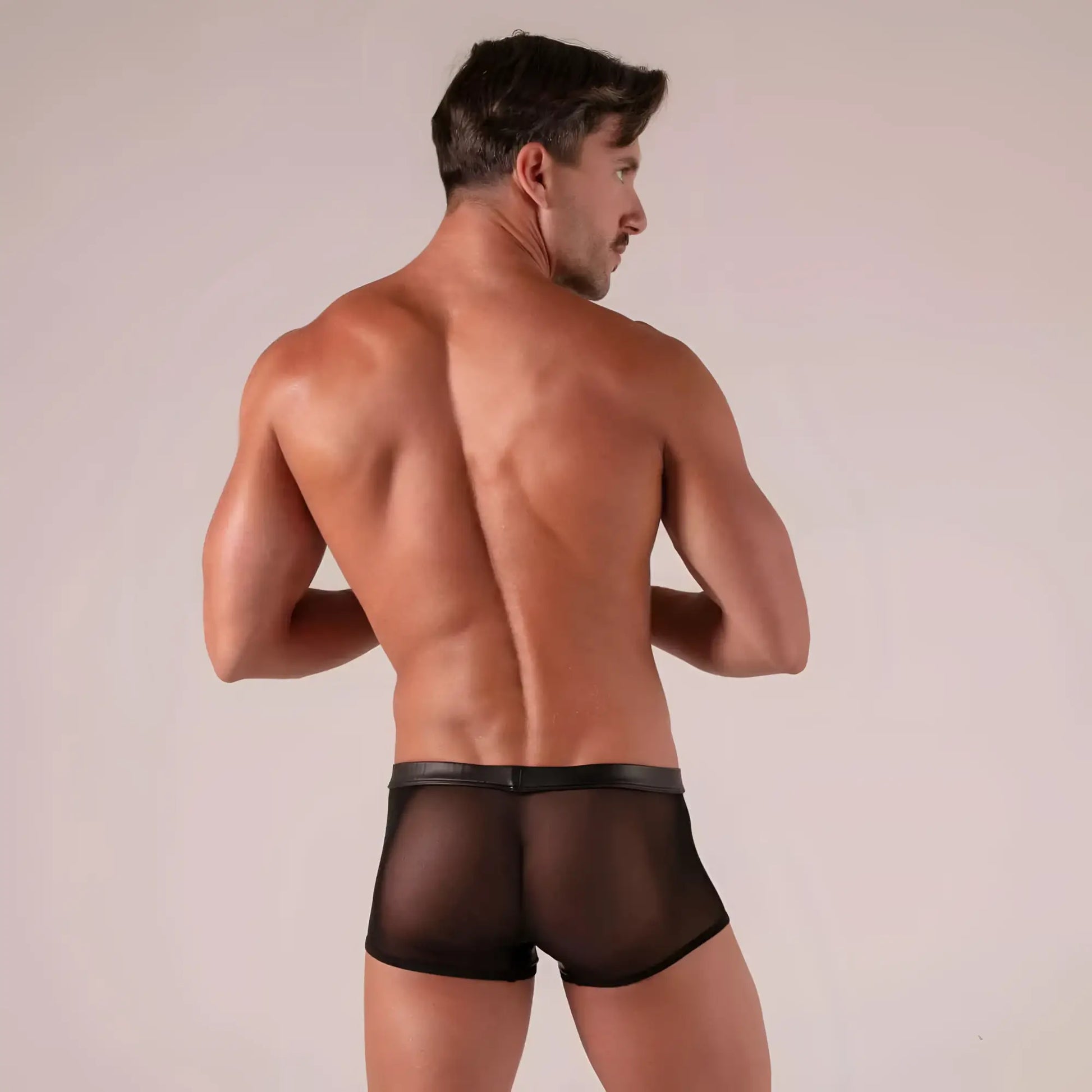 Black sheer mesh briefs with solid black waistband from rebel zipped trunks featuring a breathable design