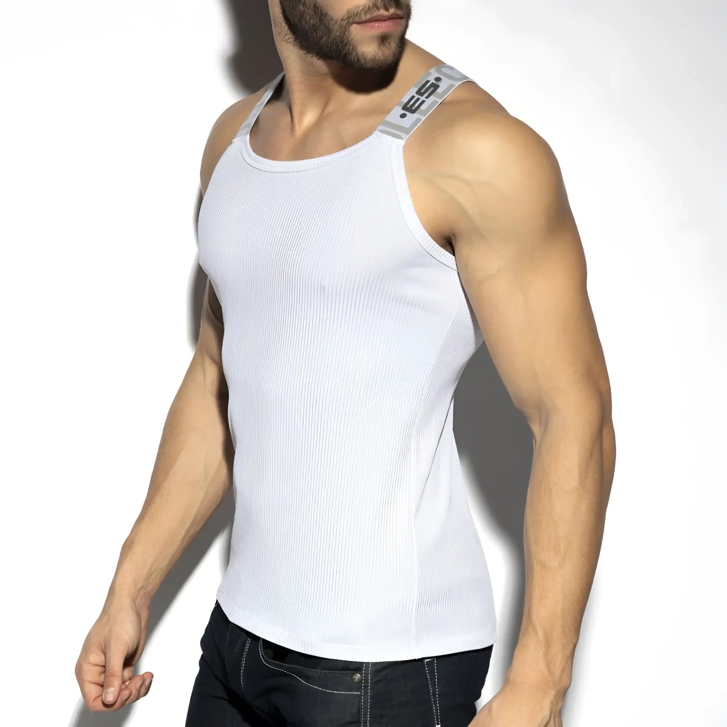White recycled rib tank top with gray branded strap featuring a ribbed texture and sustainable fabric