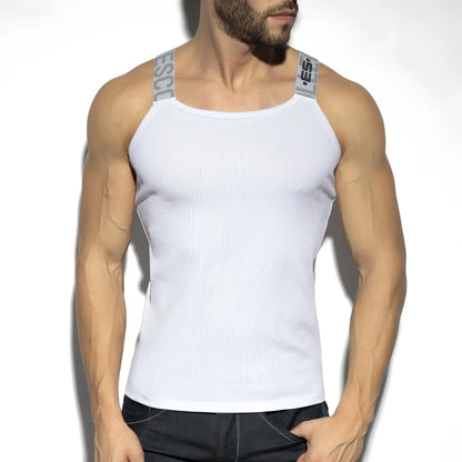 White recycled rib tank top with gray branded shoulder straps made from sustainable fabric for casual wear
