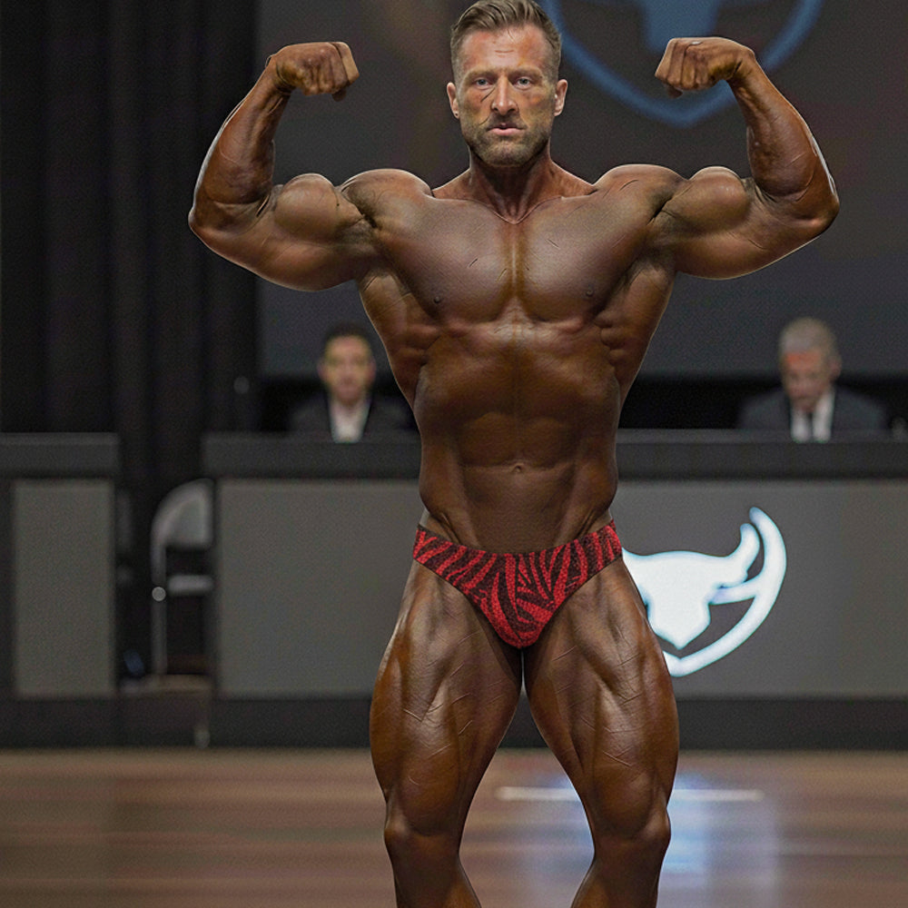 Red and black zebra-patterned competition briefs by MetroMaleWear designed for posingwear use