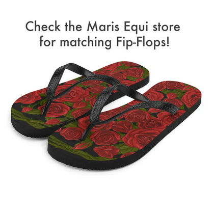 Black flip-flops with a vibrant red rose pattern featuring a textured strap by Maris Equi.