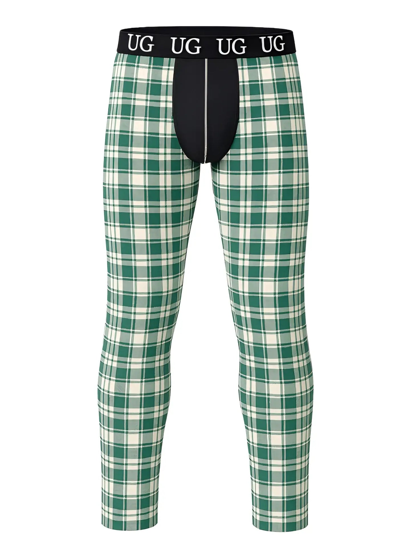 Green and white plaid relax contrast leggings with black waistband featuring ug logo for comfortable wear