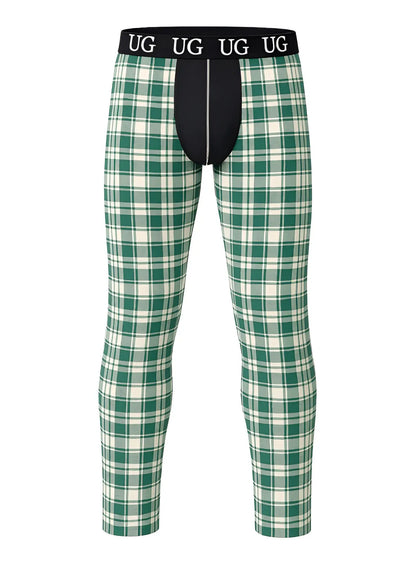 Green and white plaid relax contrast leggings with black waistband featuring ug logo for comfortable wear