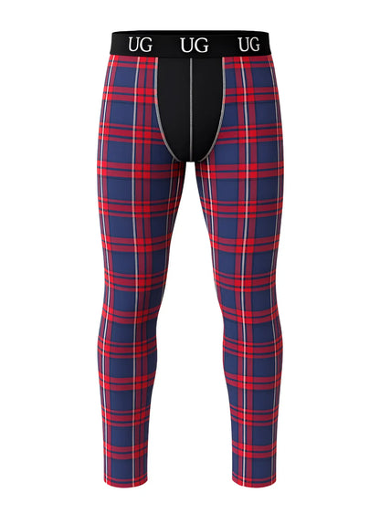 Relax contrast leggings in red and navy blue plaid with black waistband featuring the ug logo for casual wear