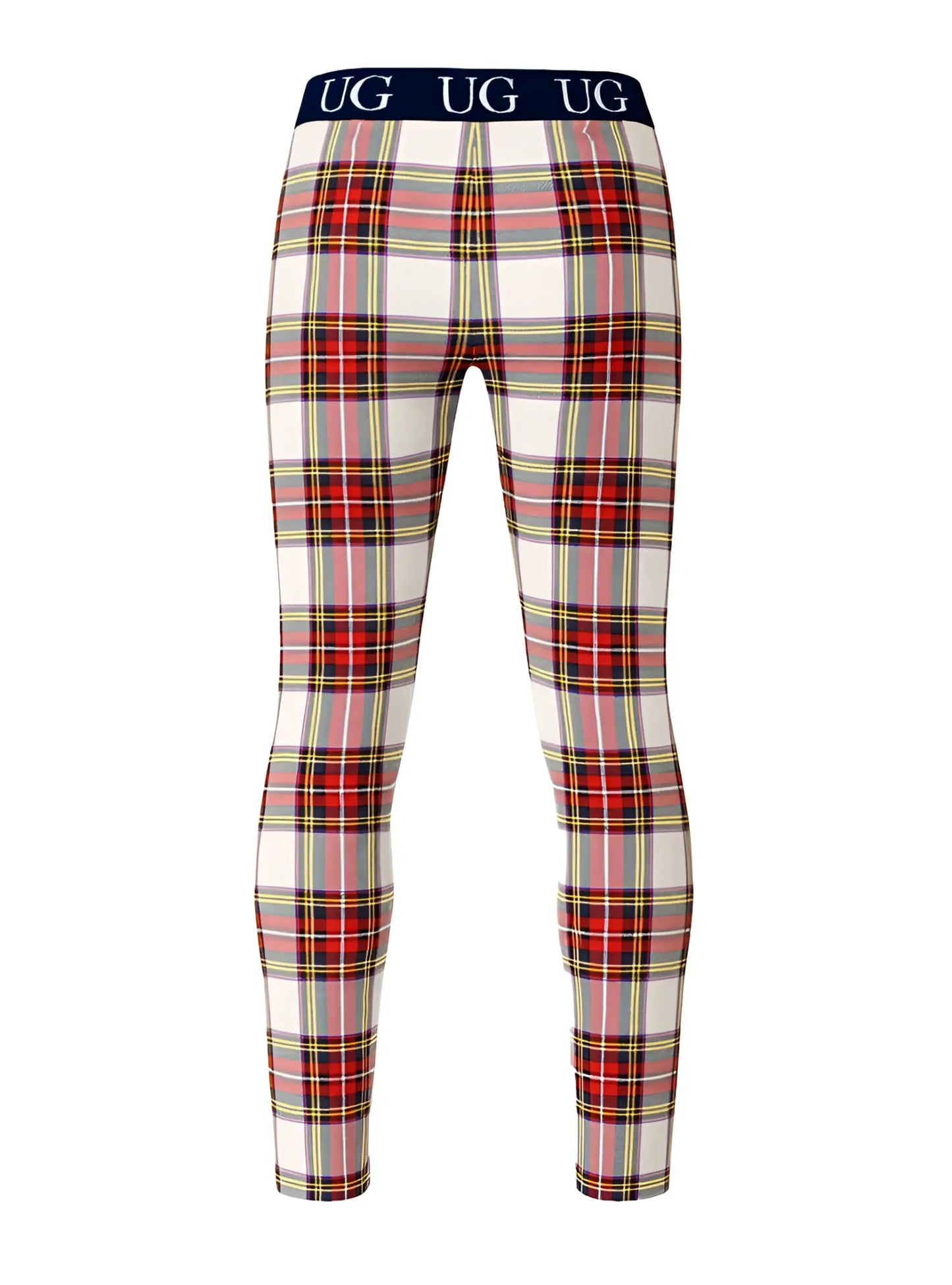 Relax contrast leggings in red white and yellow plaid with navy blue waistband featuring the ug logo