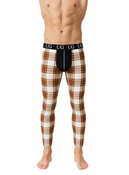 Ug brand men’s plaid patterned compression tights with black waistband and central panel in relax contrast leggings design