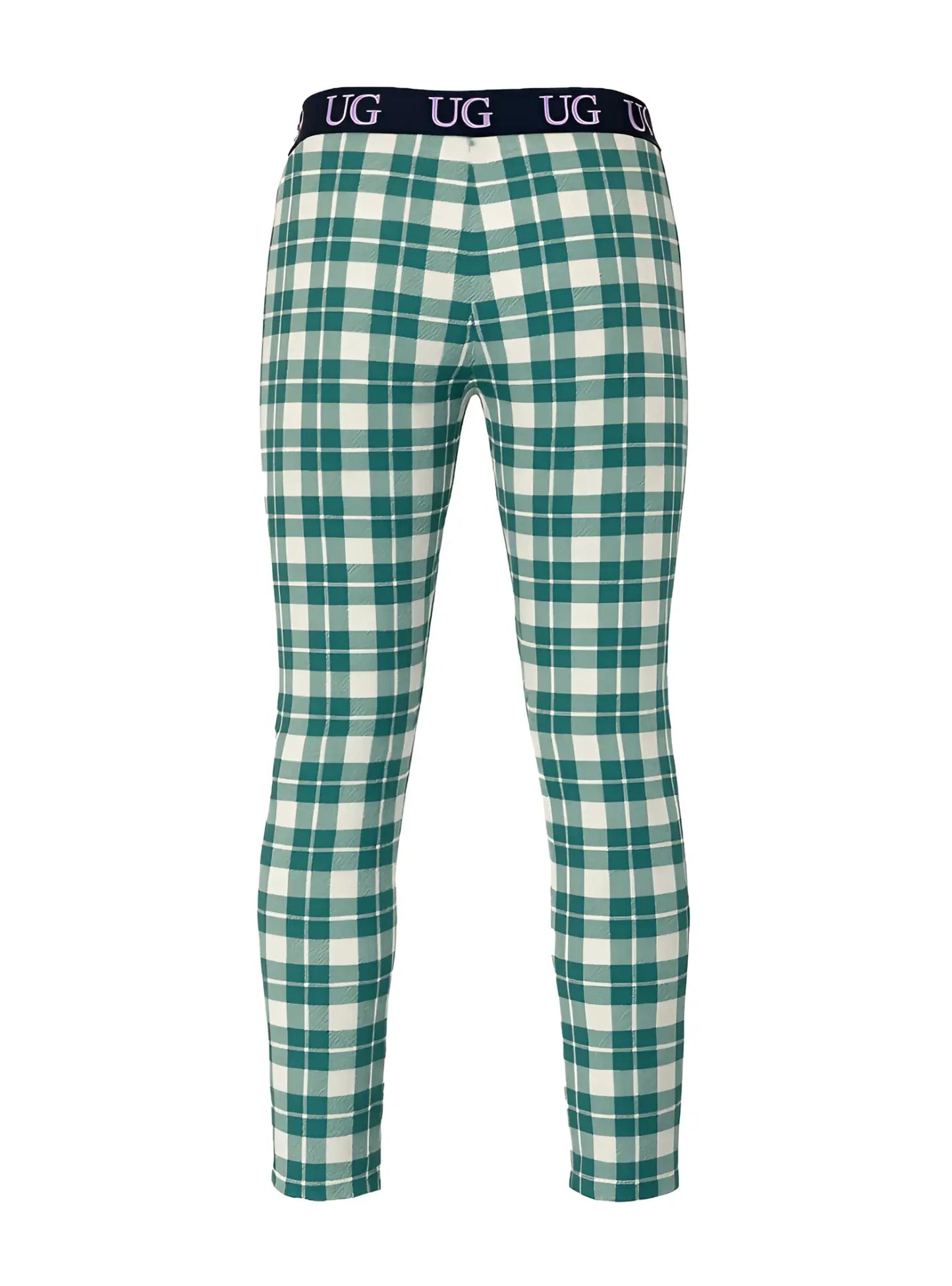Relax leggings in green and white plaid with a navy blue waistband featuring the ug logo for comfortable wear