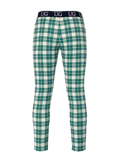 Relax leggings in green and white plaid with a navy blue waistband featuring the ug logo for comfortable wear