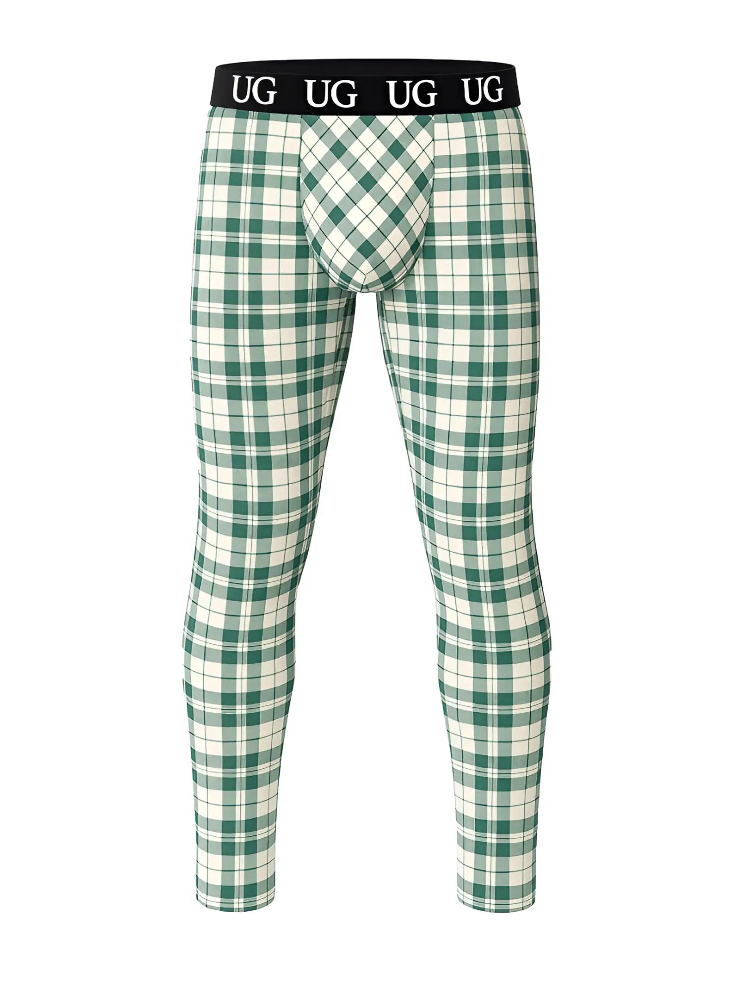 Relax leggings green and white plaid underwear pants with black waistband featuring ug brand logo