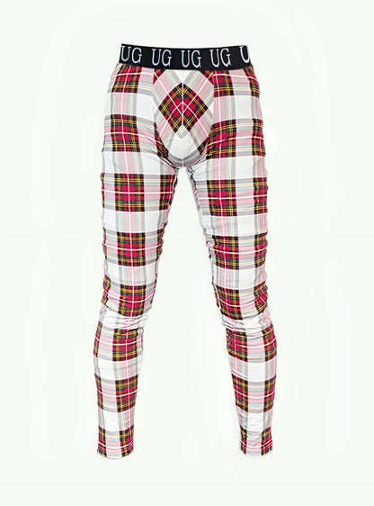 Plaid-patterned ug underwear with black waistband featuring repeating ug branding in relax leggings product line