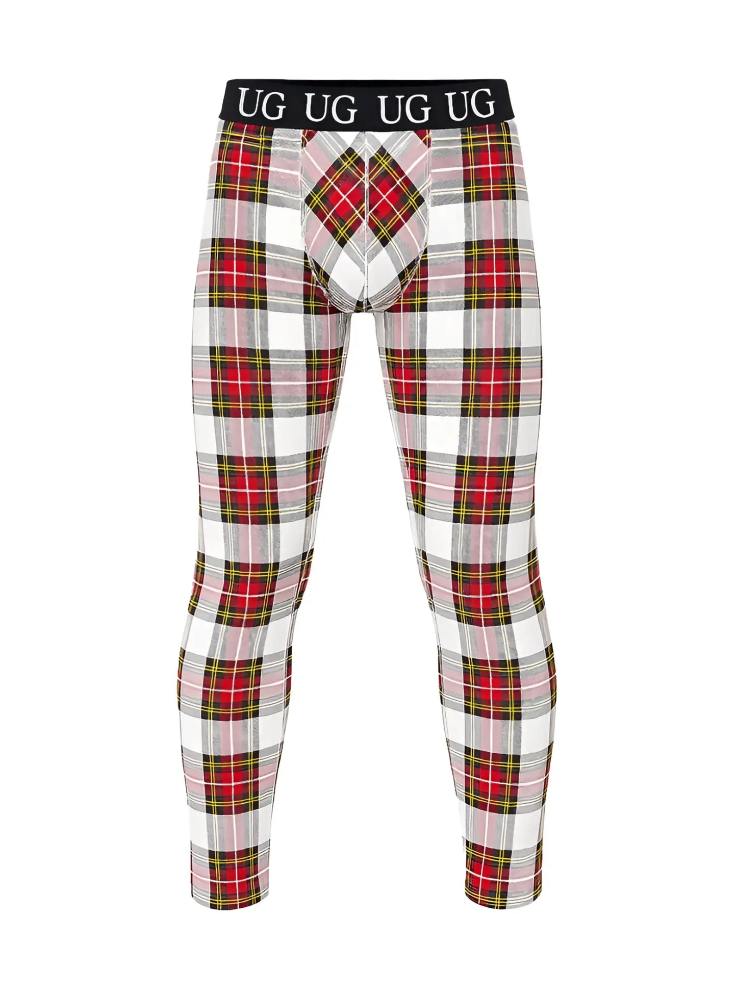 Red white and green plaid patterned ug underwear with black waistband and logo featured in relax leggings product image