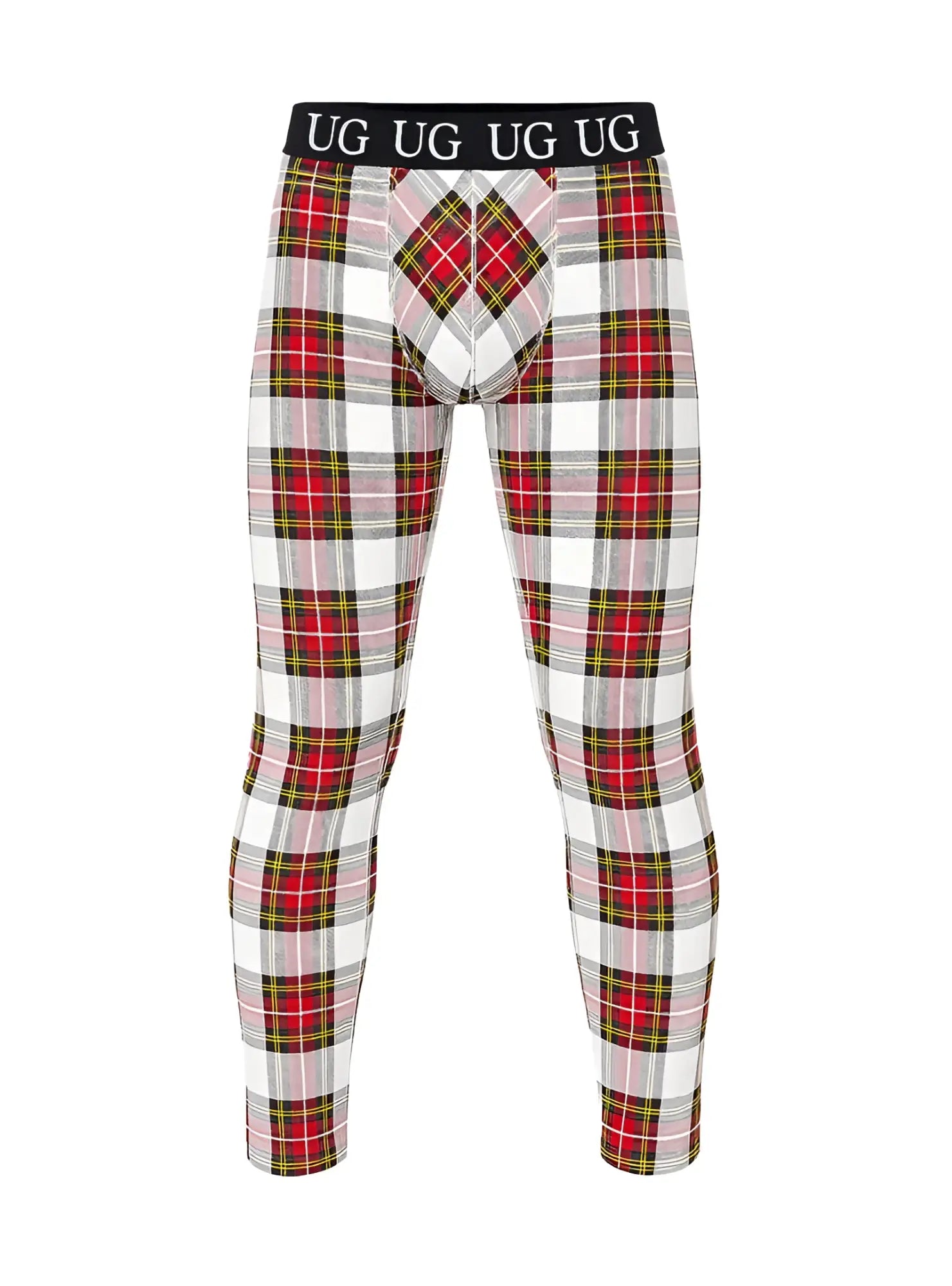 Red white and green plaid patterned ug underwear with black waistband and logo featured in relax leggings product image