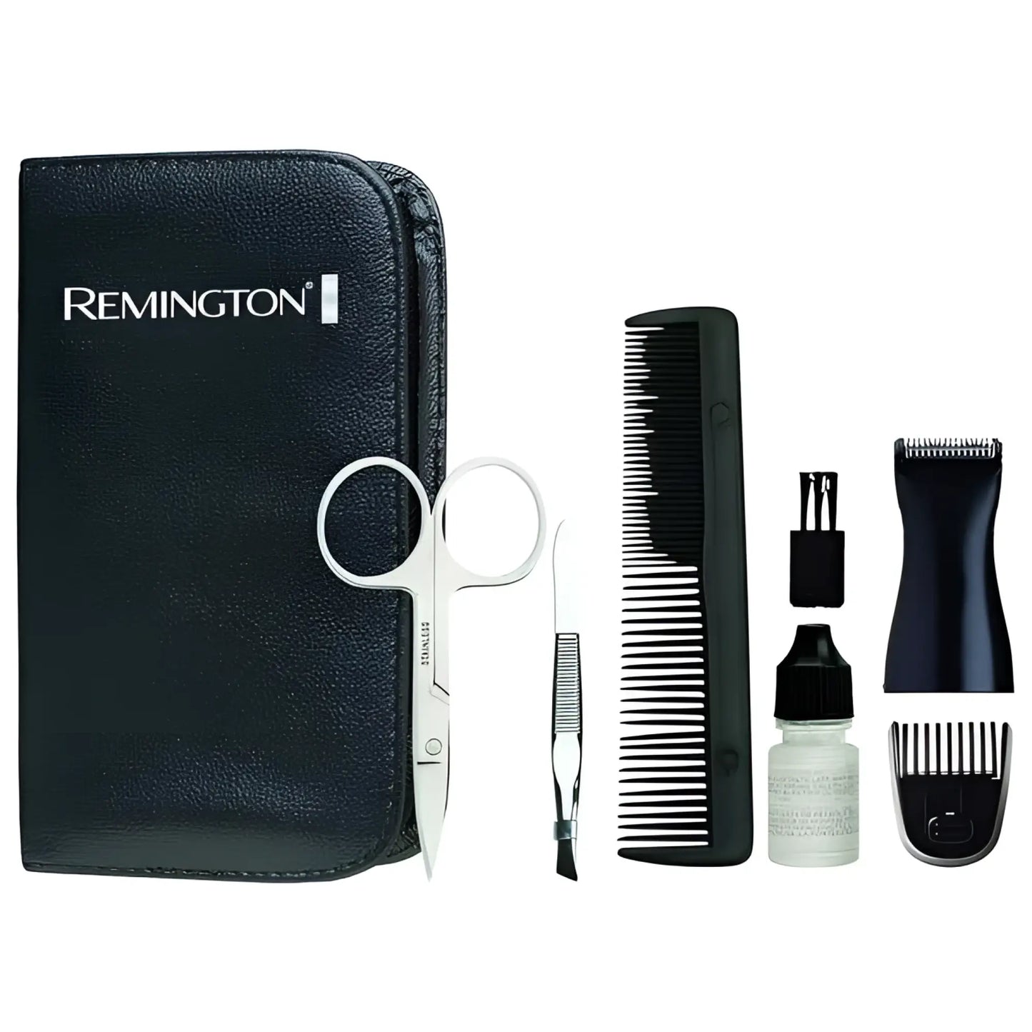 Black leather remington travel grooming kit with stainless steel scissors comb and electric clipper for face and nose trimming