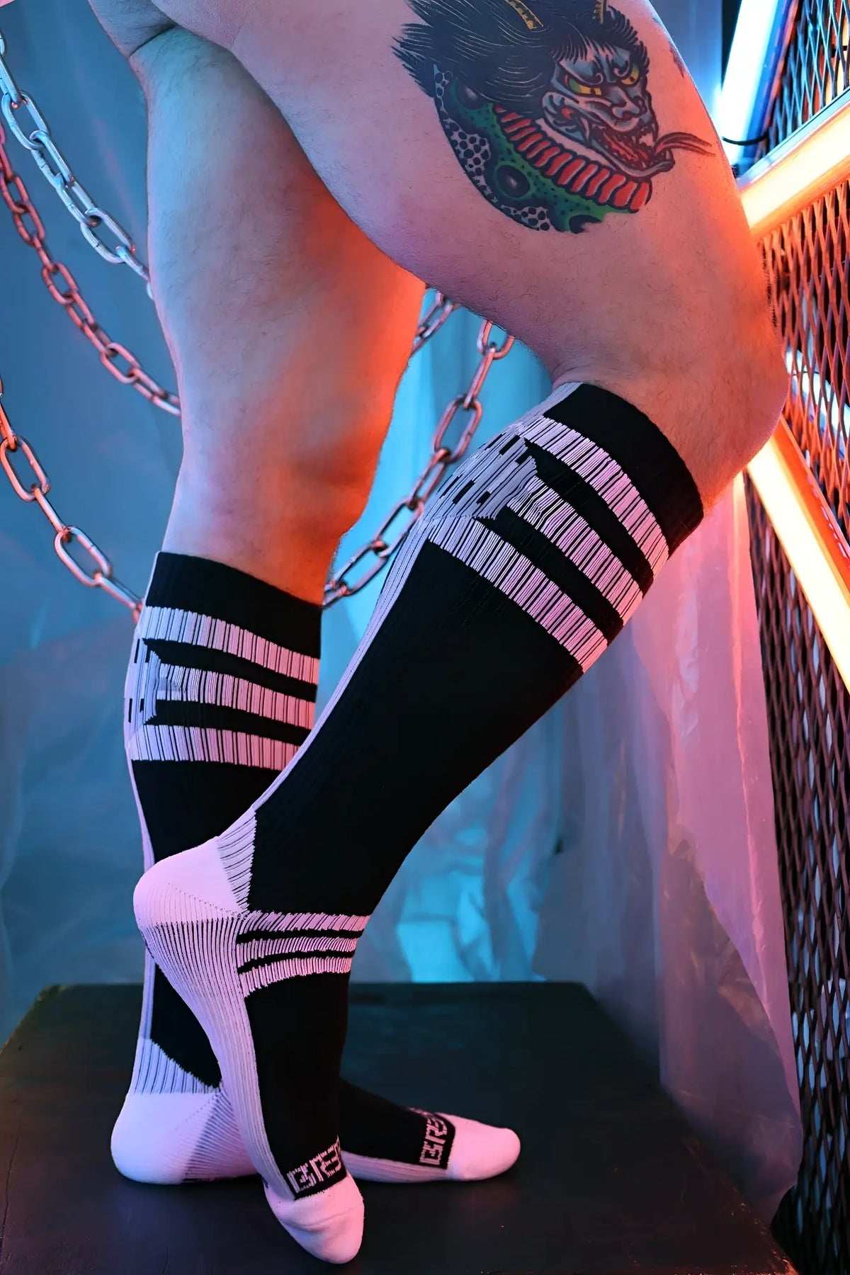 Retro remix socks black and white striped athletic compression socks with textured knit and pink toe and heel accents