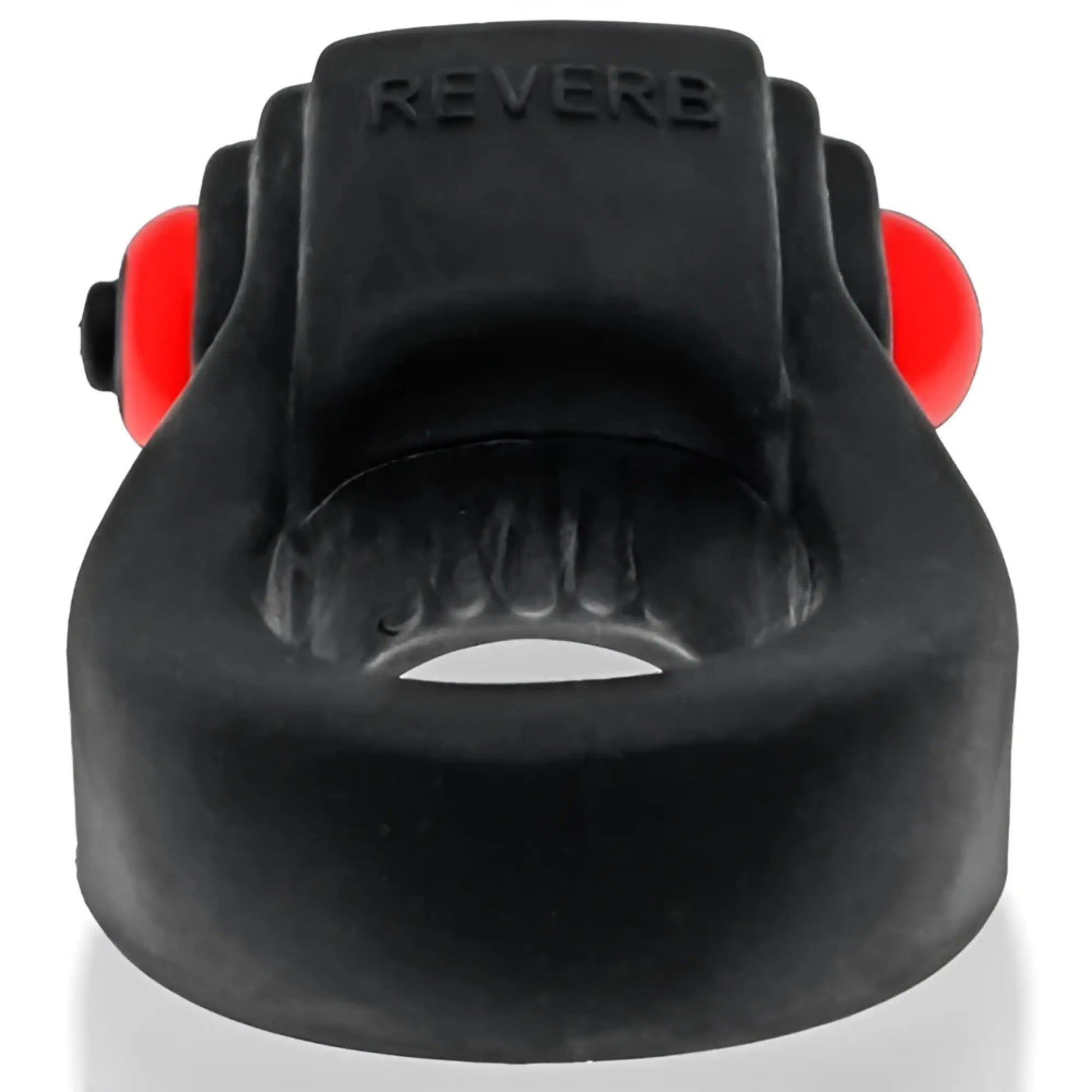 Black silicone revring with red spherical ends and reverb embossed on top designed for vibration use