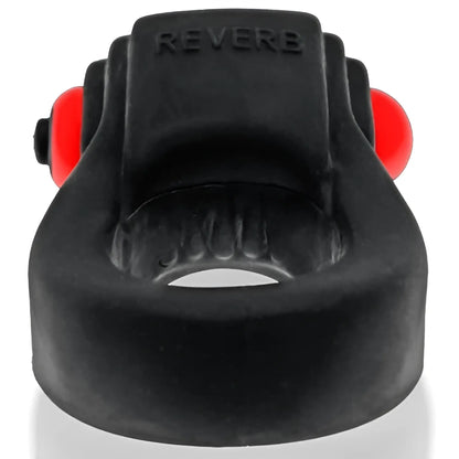 Black silicone revring with red spherical ends and reverb embossed on top designed for vibration use