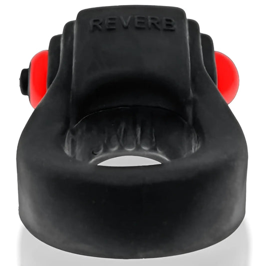 Black silicone revring with red spherical ends and reverb embossed on top designed for vibration use