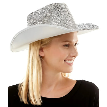 Silver glitter rhinestone cowboy hat with sparkling stones on crown and brim for stylish western wear
