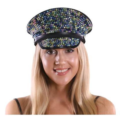 A dazzling black rhinestone festival hat adorned with dense multicolored blue green and purple rhinestones