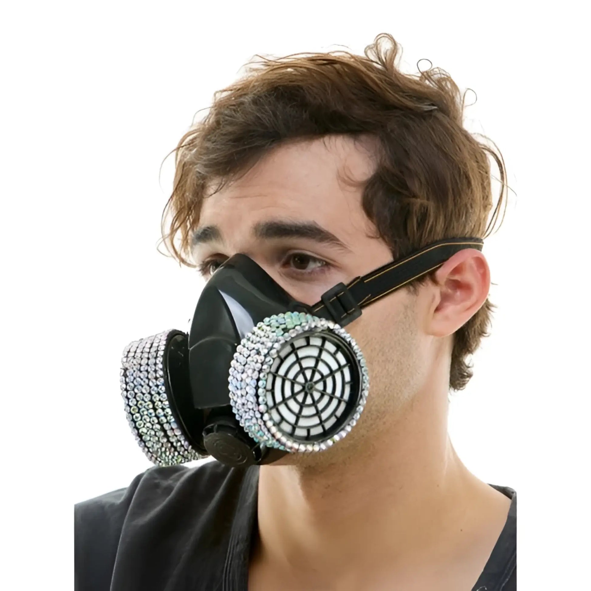 Black gas mask adorned with sparkling rhinestones on filters and facepiece rhinestone gas mask design