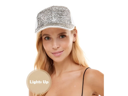 White baseball cap with silver rhinestone embellishments and light up feature for stylish headwear use