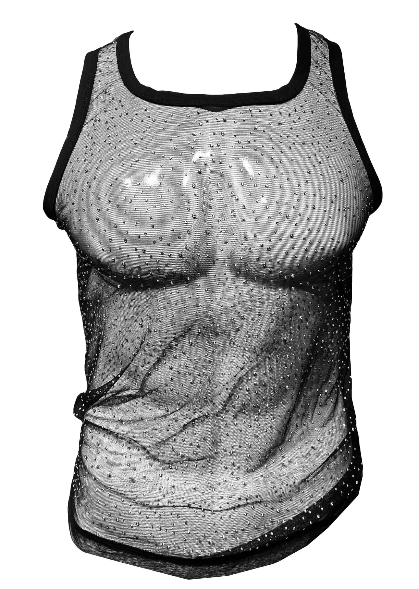Black mesh tank top with sheer embellished design featuring embroidered muscular torso and sparkling rhinestones