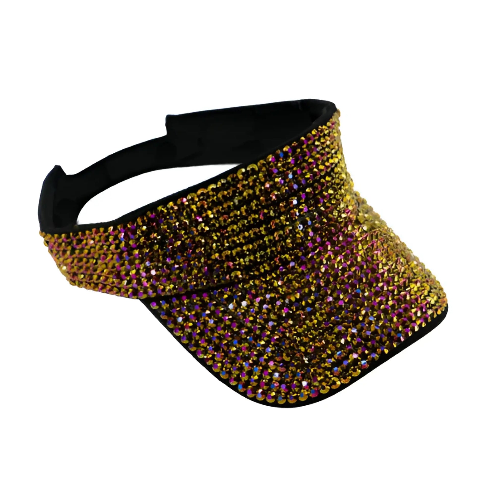 Rhinestone visor in shimmering gold and purple rhinestones with a black fabric strap in five colors available