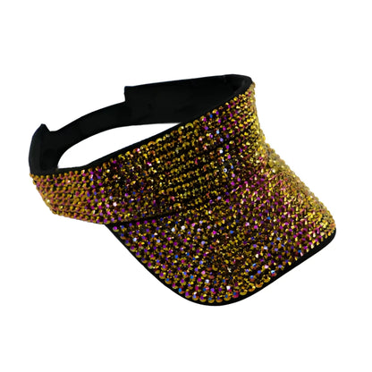 Rhinestone visor in shimmering gold and purple rhinestones with a black fabric strap in five colors available