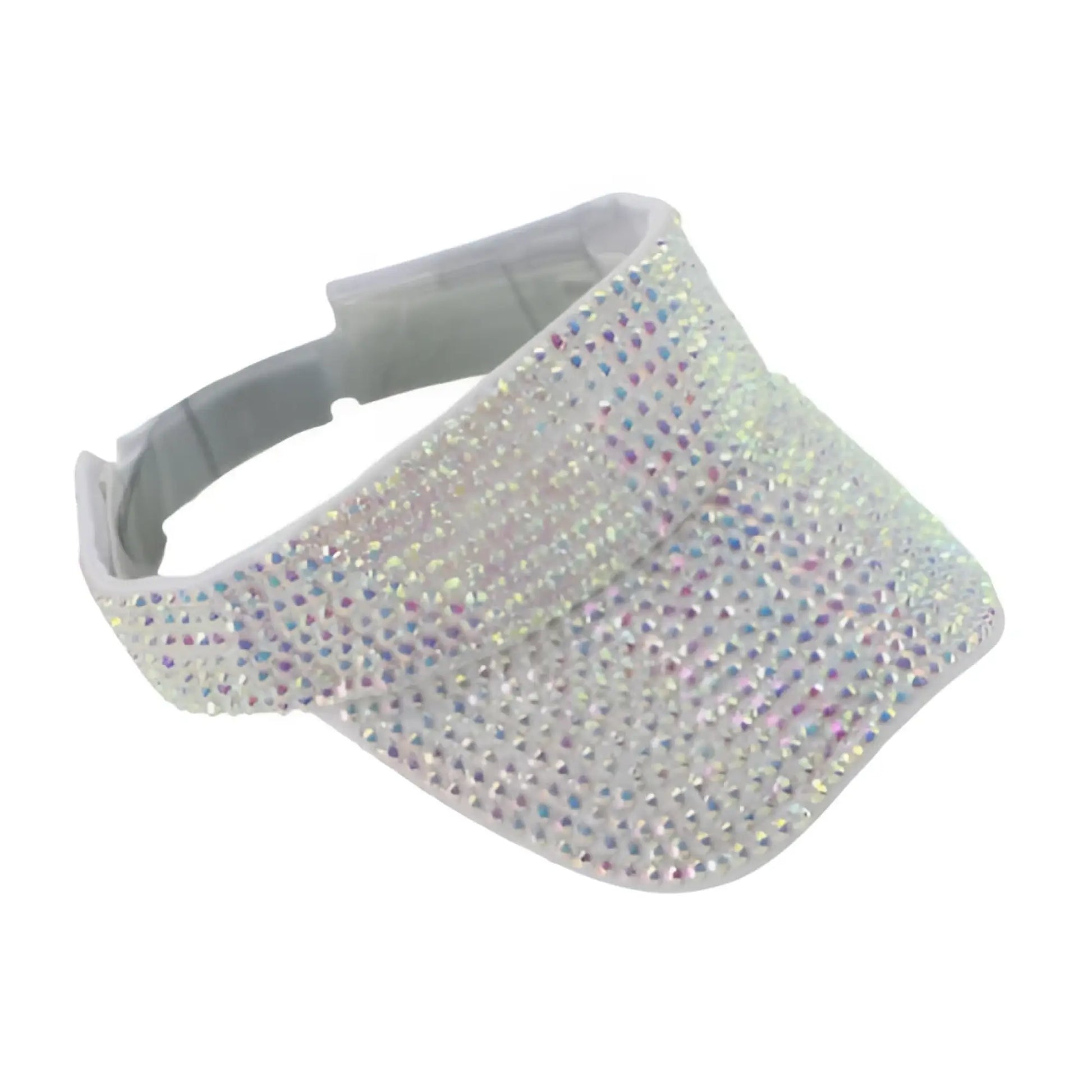 A shimmering white rhinestone visor densely adorned with sparkling crystals available in five colors
