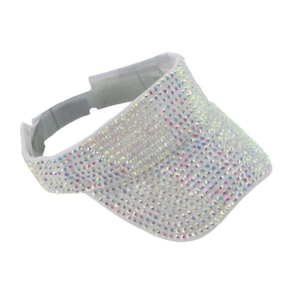 A shimmering white rhinestone visor densely adorned with sparkling crystals available in five colors