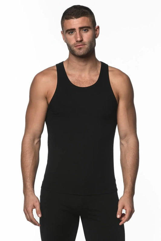 Black sleeveless rib modal tank top with a simple fitted design ideal for casual wear