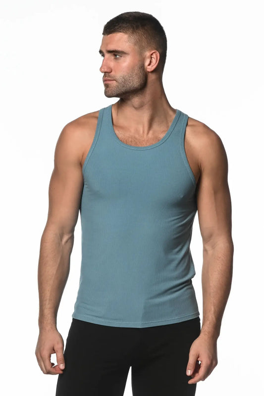 A sleek rib modal tank top in teal with a ribbed texture and fitted silhouette with a round neckline