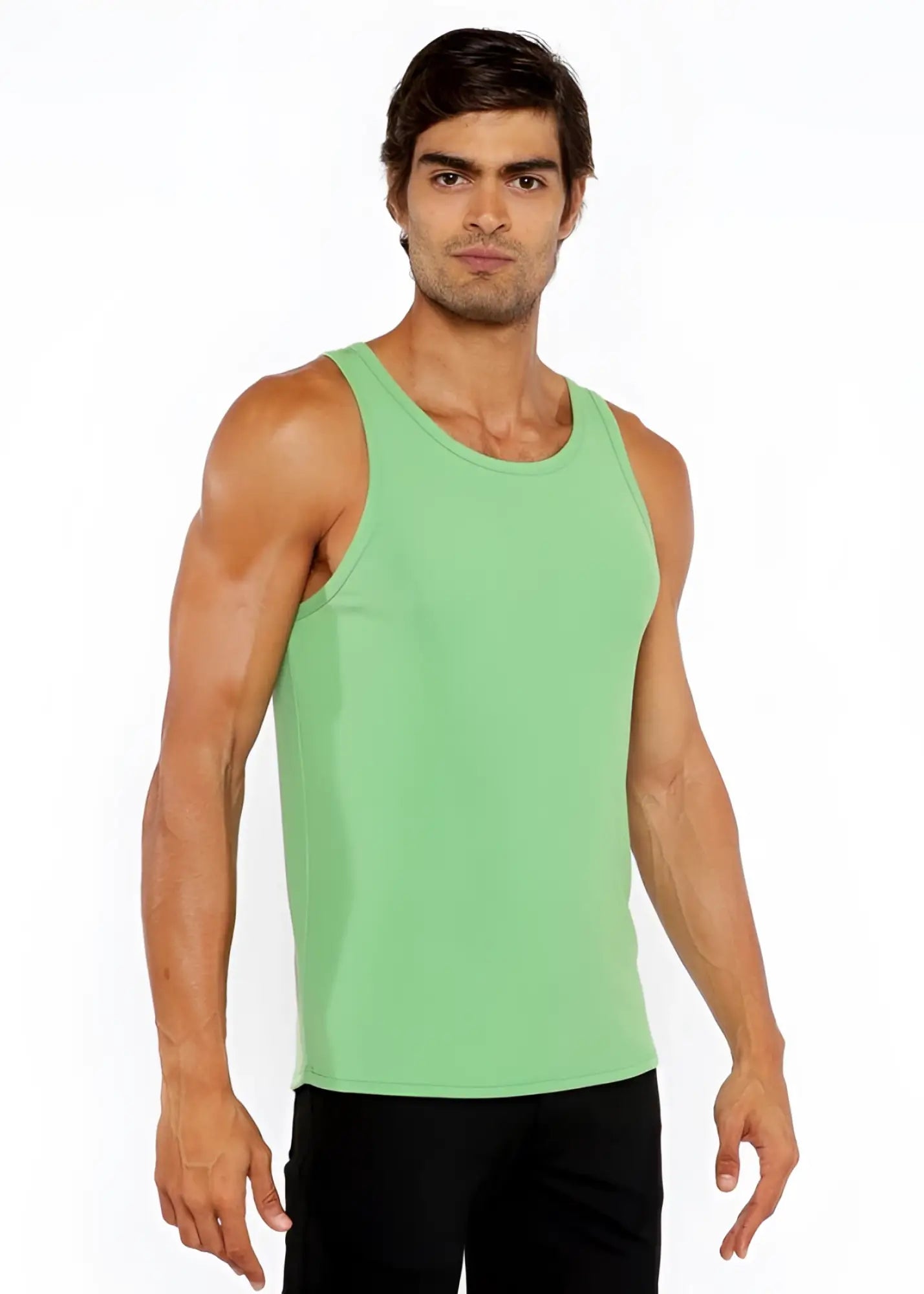 Light green rib modal tank sleeveless top with round neckline and straight hem for casual wear