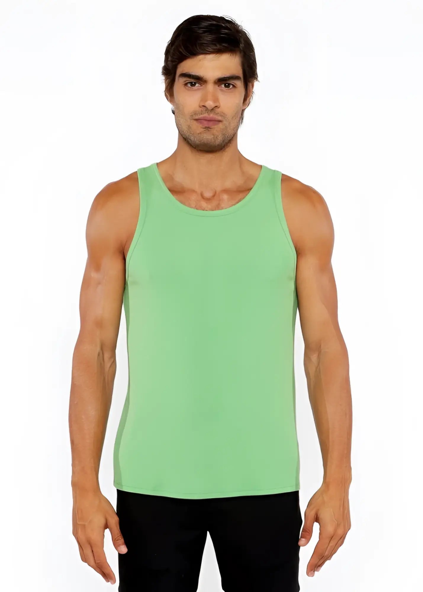 A solid light green rib modal tank with a sleeveless design and simple round neckline for casual wear