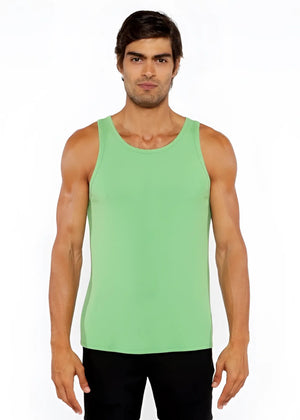 A solid light green rib modal tank with a sleeveless design and simple round neckline for casual wear
