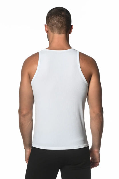 White sleeveless rib modal tank top with smooth form-fitting fabric ideal for athletic wear