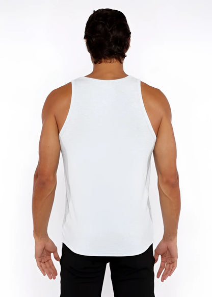 A white rib modal tank top with a sleeveless fitted design perfect for casual wear