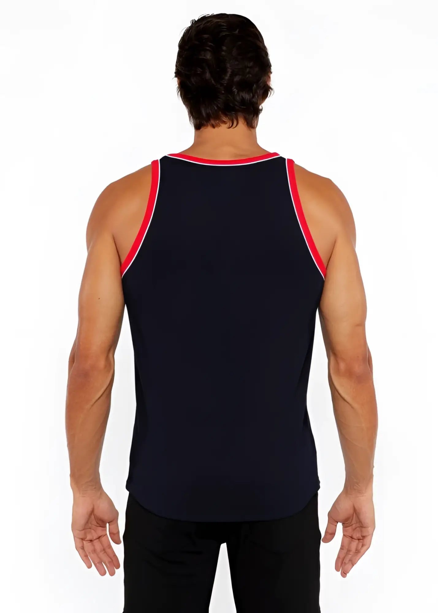 Black rib stretch ringer tank with red and white piping detail along neckline and armholes