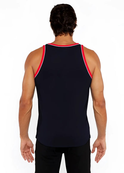 Black rib stretch ringer tank with red and white piping detail along neckline and armholes