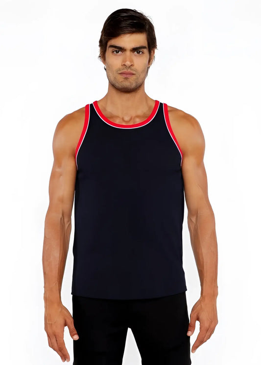 Black rib stretch ringer tank top with red and white piping detail and trim for casual wear