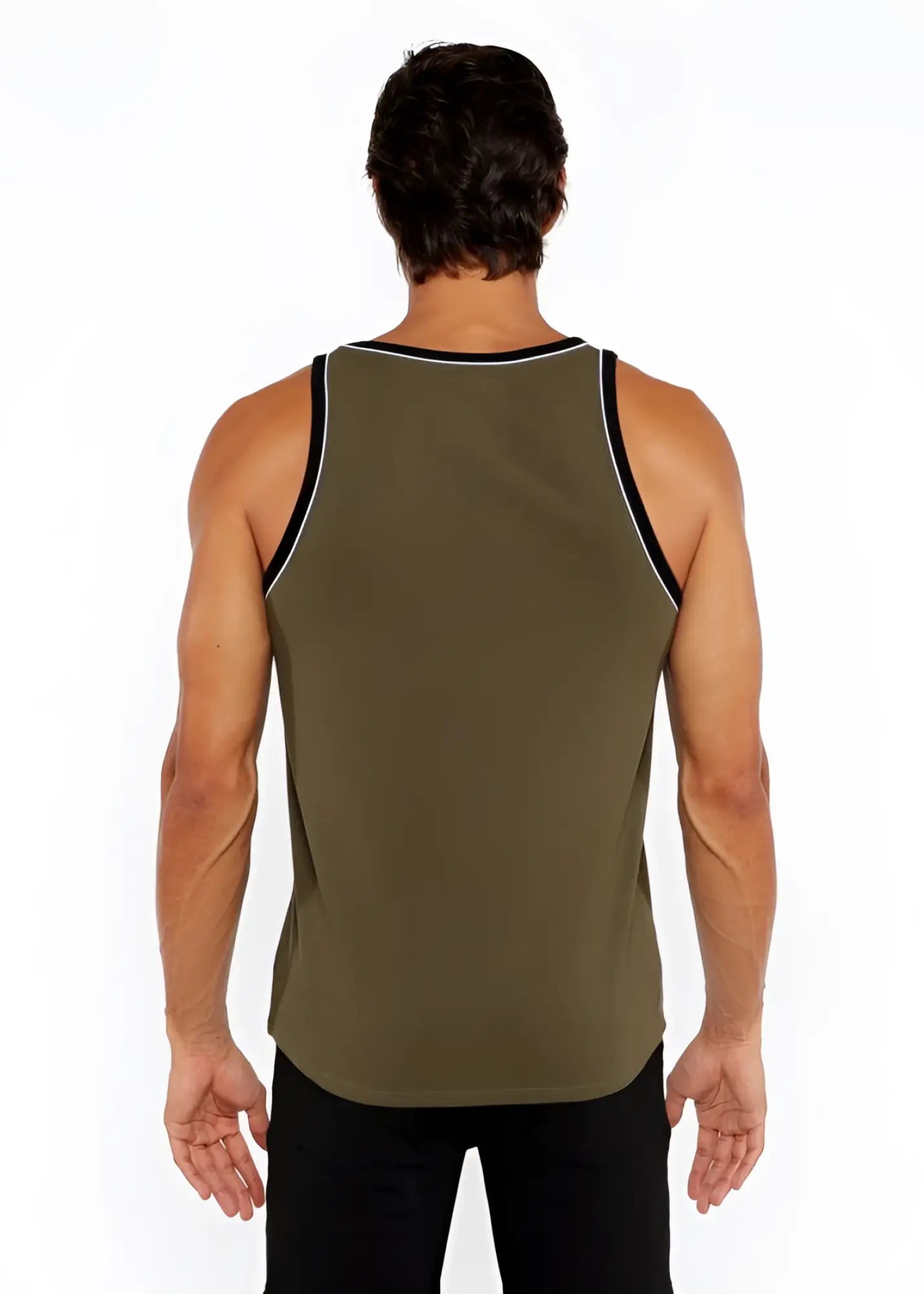 Olive green rib stretch ringer tank with black and white piping detail along neckline and armholes